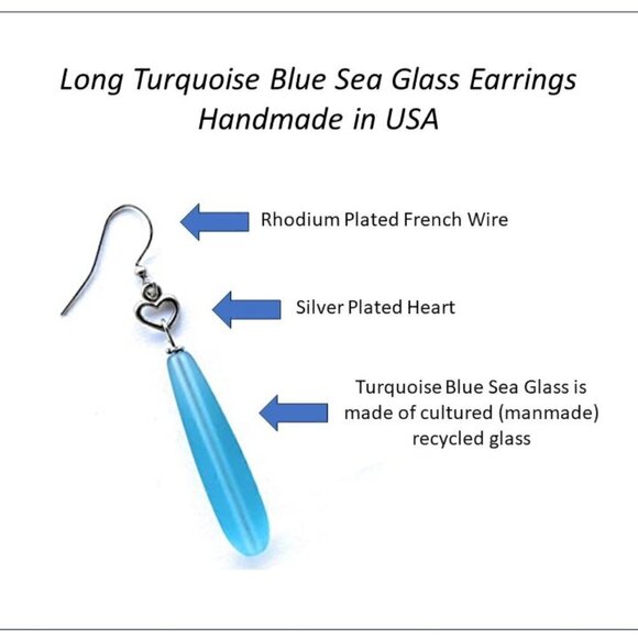Blue Sea Glass Dangle Earrings with Hearts Womens Girls Beach Jewelry Gifts - Picture 2 of 7